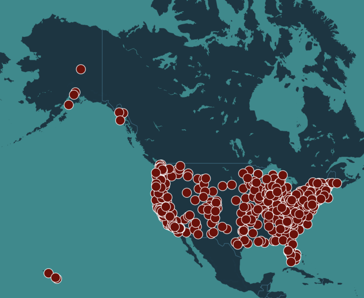 A screenshot from the website https://handsoff2025.com/ showing all of the events already organized across the United States for April 5, 2025